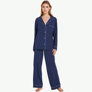 Ensemble de pyjama pour femmes en coton 100% respirant, manches longues, boutons sur le devant, bleu marine uni, vêtements de nuit classiques, deux pièces, vêtements de maison - Product Image 1