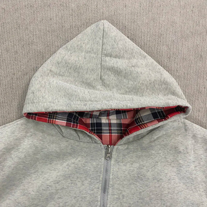 Sweat-shirt à capuche gris surdimensionné pour homme, style décontracté, doublure en polaire à carreaux - Product Image 5