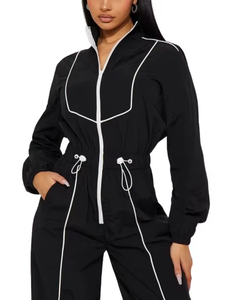 Reflective Piping Plus Size Embroidery Active Wear Detachable Zipper Women Summer Nylon <b>Black</b> <b>Windbreaker</b> Jacket Pants Tracksuit - Product Image 6