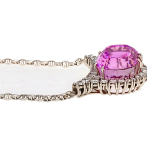 Collar con Colgante de Aleación Plateada para Mujer, Zafiro Rosa Ovalado con Detalles de Diamantes, Cadena de Eslabones, Estilo Clásico, Zafiro Creado en Laboratorio, Certificado IGI - Product Image 3