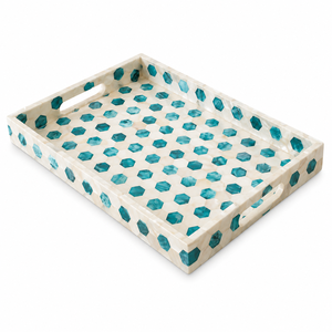Plateau de service rectangulaire élégant avec incrustation de nacre, plateau décoratif hexagonal en mosaïque turquoise avec poignées pour la maison et l'hôtellerie - Product Image 1