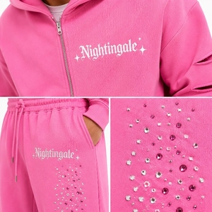 Ensemble de survêtement en gros avec fermeture éclair et strass, pantalon de jogging ample et épais à jambe large et sweat à capuche, style mode - Product Image 6