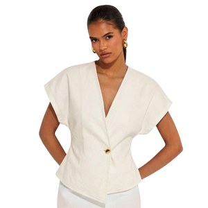 Blusa Casual de Verano para Mujer, Estilo Envolvente con Botones, Cuello en V, Manga Corta, Denim Lavado Color Marfil, Elegante, Corte Regular, para Oficina, Uso Diario - Product Image 1