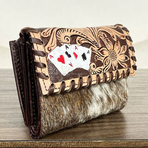 Cartera de señora con ribete de cuero de vaca genuino y tooled, gran oferta, Cartera de ases de tres pliegues de cuero occidental, tarjetero organizador, carteras - Product Image 4