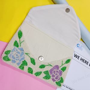 Personalized Custom Glass Beaded Tote Bag Custom Color Shape Wedding Bridesmaid Gift Blue Floral Design <b>MS</b> Handicraft Certified - Product Image 4