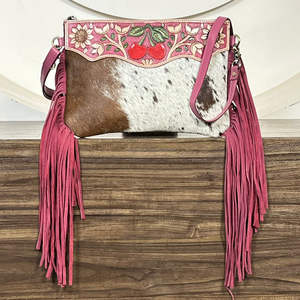 Sac bandoulière vintage 2026 en cuir repoussé motif cerise, style bohème avec franges en cuir de vachette, sacs à bandoulière de haute qualité pour femmes - Product Image 4
