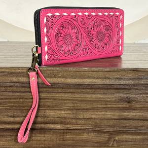 Wholesale Custom Tooled Floral Genuine Leather Pink Zipper Wallet Western Style New Fashion Card Holder Clutch <b>Purse</b> For Women - Product Image 4