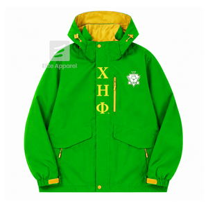 Veste coupe-vent et imperméable personnalisée Chi Eta Phi Sorority, verte et jaune, en polyester, manches longues, fermeture éclair sur le devant, logo brodé - Product Image 1