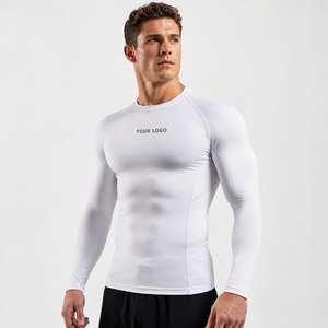 Custom Logo <b>Long</b> <b>Sleeve</b> Sports Compression <b>Top</b> Breathable <b>Mesh</b> Panel Fabric Ribbed Cuff Hem Wholesale OEM Fitness - Product Image 1