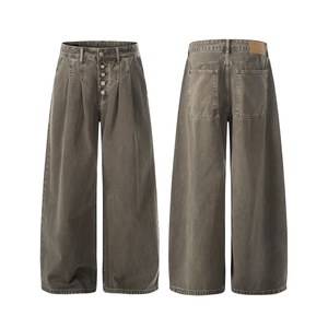 Pantalon en jean taille haute à jambe large pour homme, coupe ample, en coton délavé, style décontracté, couleur unie, avec boutons sur le devant, collection automne - Product Image 1