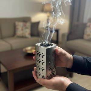 Modern Triangular Silver Metal <b>Bakhoor</b> Burner Geometric Laser Cut Incense Censer for <b>Oud</b> Frankincense and Charcoal - Product Image 5