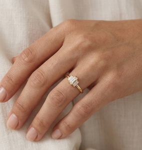 14K Solid Gold Dainty Lab Created Diamond Baguette Cut Engagement Ring Minimalist Art Deco <b>Three</b> Stone Rings Jewelry for Women - Product Image 1