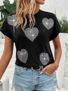Women Casual Crew Neck Half Sleeve Anti Wrinkle Breathable Eco Friendly Polyester Cotton Spring Summer Solid Rhinestone T Shirt - Product Image 6