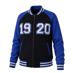Veste polaire Zeta Black 1920 Varsity bleue avec manches contrastantes, fermeture éclair intégrale, numéro en chenille, bordure côtelée, vêtement d'extérieur décontracté chaud et de qualité supérieure - Product Image 3