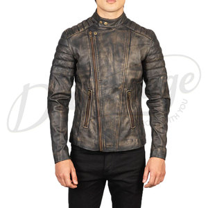 Men Retro Distressed <b>Brown</b> Real <b>Leather</b> Biker <b>Jacket</b> Vintage Asymmetric Zip Motorcycle <b>Jacket</b> Padded Winter Fashion Coat - Product Image 3