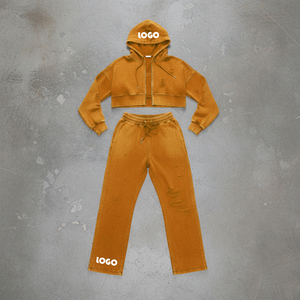 Acid Washed Women Tracksuit Custom Cotton French Terry Flare Sweatpants Hoodie 2 Pcs Set Heavyweights Oversized Sweat <b>Suit</b> - Product Image 1