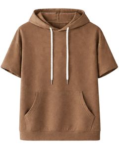 Sweat à capuche marron café à manches courtes pour homme, pull décontracté à capuche, t-shirt léger d'été, streetwear en mélange de coton avec poches - Product Image 1