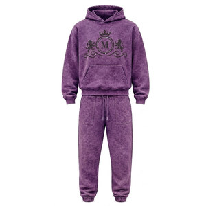 Conjunto Deportivo para Hombre, Color Morado, Lavado Ácido, 100% Algodón, 480 gsm, Alta Calidad, con Pedrería, Pantalones Largos con Cordón Ajustable, Ropa Casual - Product Image 3