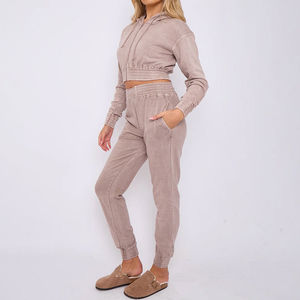 Ensemble de survêtement pour femme avec sweat à capuche court et pantalon de jogging effet délavé, motif uni, hiver, prix promotionnel, survêtements personnalisés pour femme - Product Image 4