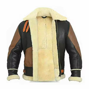 Blouson aviateur en cuir véritable pour homme avec doublure en fausse fourrure, design color block, coupe-vent, style motard, vêtement d'hiver - Product Image 2