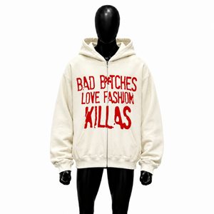Sudadera con capucha blanca extragrande con cremallera completa, estampado gráfico rojo, estilo urbano unisex, para hombre y mujer, ajuste casual - Product Image 1