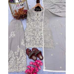 เสื้อ georgette เทียมหนักของผู้หญิง & ชุด plazzo พร้อม Dupatta สำหรับใส่ไปงานปาร์ตี้ - Product Image 6