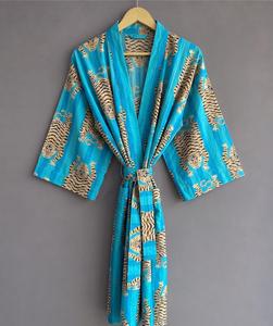 Robe Kimono Turquoise Imprimé Tigre Col V Manches Trois-Quarts Coupe Ample Ceinturée Décontractée Toutes Saisons en Polyester Tissé - Product Image 2