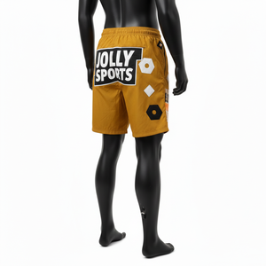 กางเกงขาสั้นผู้หญิงคุณภาพสูง 220 GSM ผ้าไนลอนผสม สีมัสตาร์ดทอง แต่งลายปะติดหลากหลาย พร้อมสกรีนโลโก้ตามสั่ง - Product Image 5