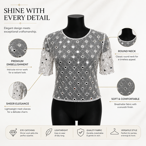 Women White <b>Mirror</b> Work Mesh Top Embellished Round Neck Half Sleeve Party Blouse Handmade Sequin Designer Evening Fashion Wear - Product Image 5