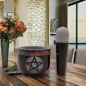 ปูนทำจากหินสบู่และสากทรงกลมสำหรับผสมสมุนไพรอายุรเวทและชามบดเผ็ดดูทันสมัยแบบพรีเมี่ยม - Product Image 1