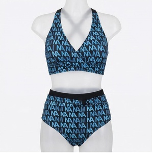 Ensemble bikini 2 pièces noir pour femme, haut croisé à licou, bas taille haute, imprimé lettres, en spandex et polyester extensible, maillot de bain - Product Image 4