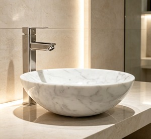 Lavabo en marbre RICO GLOBAL, vasque ronde, finition polie blanche, lavabo minimaliste pour salle de bain, montage sur le dessus, robinet à un seul trou - Product Image 1
