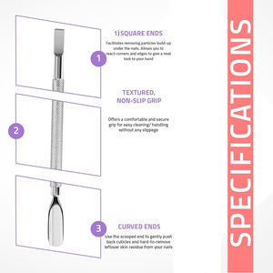Empujadores de cutículas de alta calidad con bordes afilados de acero inoxidable con acabado espejo para uso en salones de belleza. - Product Image 2