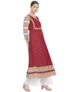 Colección de Blusas con Estampado Ajrakh de Algodón y Kurta Anarkali con Estampado Ikat, Cuello con Solapa, Manga Tres Cuartos, Ropa Étnica para Mujer - Product Image 4