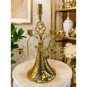 Candélabre en laiton doré avec motif papillon, porte-bougie à 4 branches, décoration d'intérieur, support à bougie en métal durable - Product Image 3