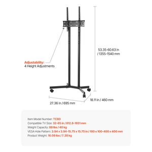 Carrello TV Mobile con Ruote, Supporto Monitor Portatile Regolabile in Altezza, Staffa TV su Ruote per Schermi da 32-65 Pollici, Capacità 88 Libbre - Product Image 4