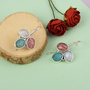 925 Sterling Silver Multi Stone <b>Dangle</b> <b>Earrings</b> Rainbow Moonstone Amazonite Rhodolite Handmade Gemstone Drop <b>Earrings</b> for Party - Product Image 3