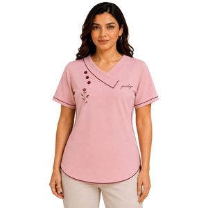 Camiseta de Manga Corta con Cuello Asimétrico para Mujer, Color Rosa Polvo, Bordado Floral, Ribete en Contraste, Logotipo Personalizado, Casual, Venta al Por Mayor - Product Image 1