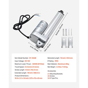 Attuatore Lineare 12V 6 Pollici IP65 Impermeabile 675lbs 3000N 0.2in/s con Staffe di Montaggio - Product Image 6