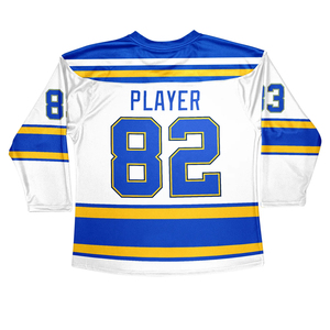 Maillot de hockey sur glace blanc, bleu et jaune rayé, sublimé, anti-humidité, manches trois quarts pour homme, 100% polyester, personnalisé - Product Image 2