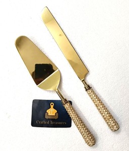 <b>Crafted</b> Treasures Cake Server Set Gold Plated Metal With Rattan Woven Handle 2 Pieces Handmade Cake Knife And Spatula Best Price - Product Image 2