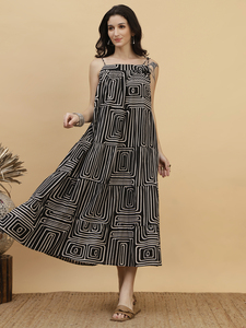 Geometric Print <b>Spaghetti</b> <b>Strap</b> <b>Midi</b> <b>Dress</b> A-Line Loose Fit Casual Summer Woven Viscose <b>Dress</b> Breathable Natural Waistline - Product Image 1