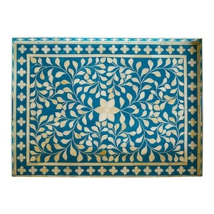 Plateau de service rectangulaire en bois avec incrustation d'os turquoise, plateau de rangement décoratif, plateau de présentation pour table basse, ottoman, petit-déjeuner, fruits - Product Image 5