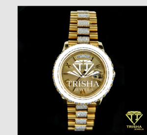 Montre de créateur en or jaune avec pierres de moissanite VVS serties à la main, fonctionnelle et au design haut de gamme, un bijou de mode. - Product Image 1