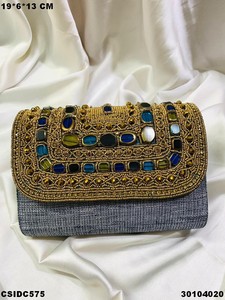 <b>Beaded</b> Clutch Evening Bag With Chain <b>Strap</b> Sparkling Ethnic Design For Party Bridal Use designer clutch purse with stone work - Product Image 3