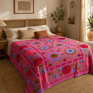 Couvre-lit artisanal en coton Suzani, broderie florale multicolore lavande, style bohème indien, décoration ethnique pour la maison - Product Image 2