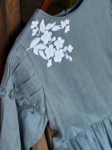 O-Neck Linen Midi Dress With <b>White</b> Floral Embroidery Ruffle Sleeve Loose Fit Casual Spring Summer Comfortable Dress For Women - Product Image 1