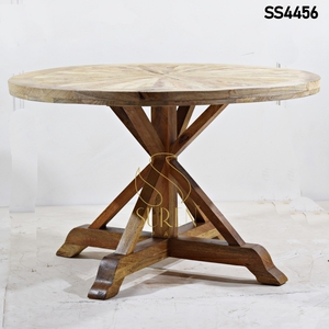 Table de restaurant ronde en bois de manguier, table à manger en bois massif, table rustique sur piétement pour hôtel, café, restaurant - Product Image 1