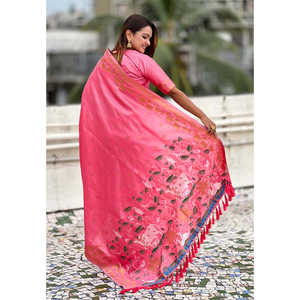 Sari en soie Pichwai tissé Zari rose pâle Elite Weaves, vêtements indiens et pakistanais, 650g - Product Image 4