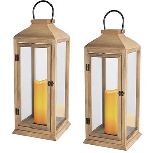 <b>Set</b> of 2 Natural Wood <b>Lantern</b> Candle Holders Decorative Hanging <b>Lanterns</b> Farmhouse Table Centerpiece Home Decor - Product Image 4